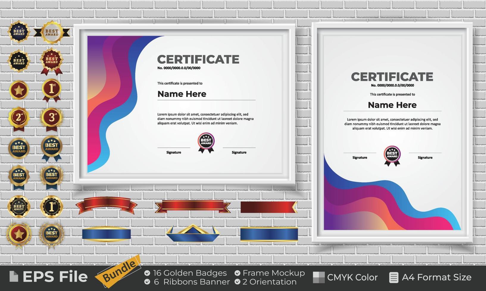 Template Certificate Design Bundle with Ribbons, Golden Badges, and frame mockups for appreciation, award, completion, diploma. CMYK Color A4 Format vector