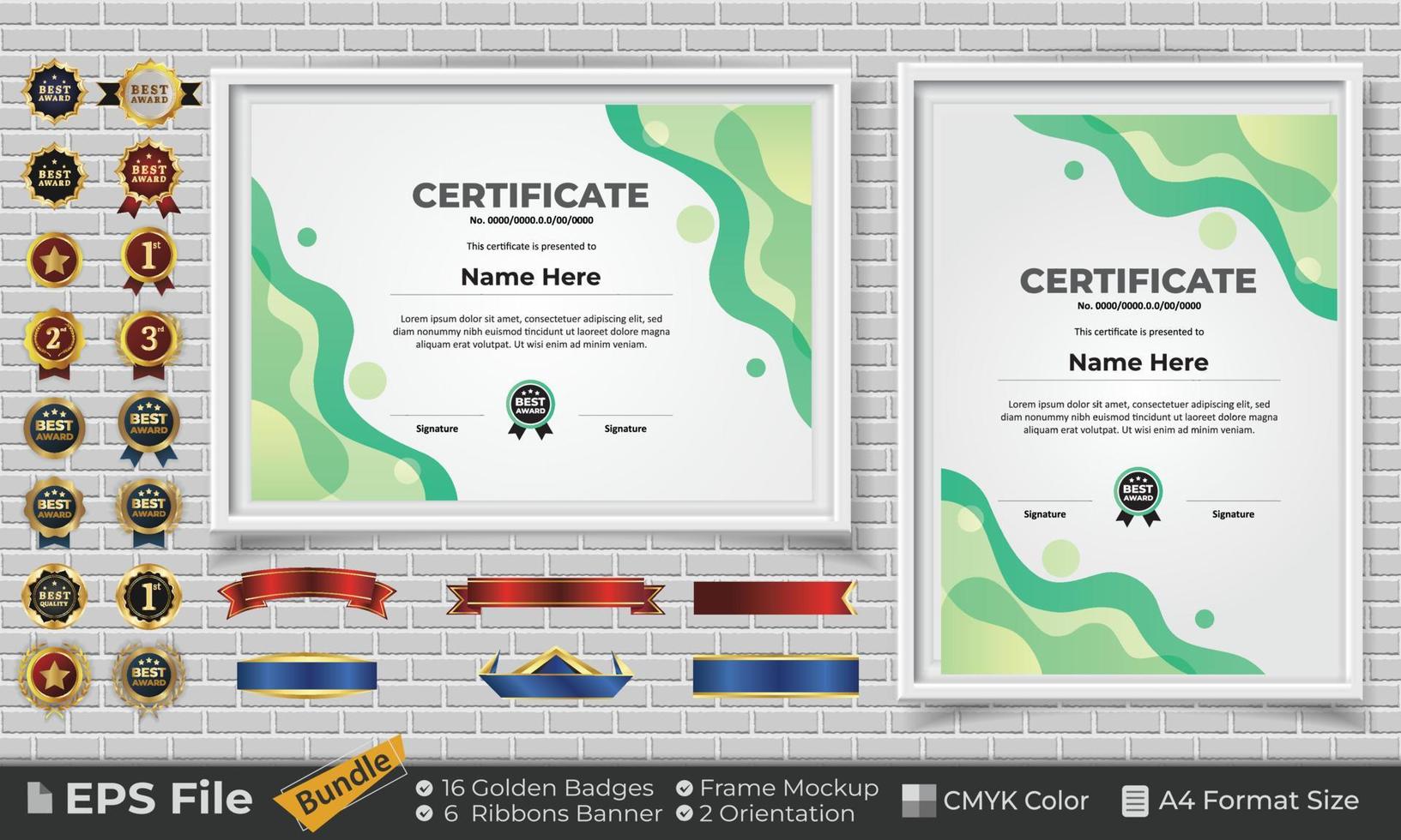 Template Certificate Design Bundle with Ribbons, Golden Badges, and frame mockups for appreciation, award, completion, diploma. CMYK Color A4 Format vector