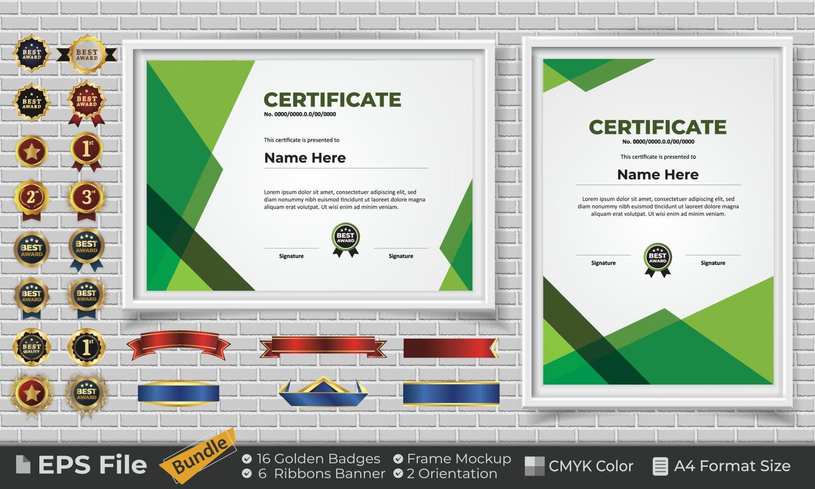 Template Certificate Design Bundle with Ribbons, Golden Badges, and frame mockups for appreciation, award, completion, diploma. CMYK Color A4 Format vector