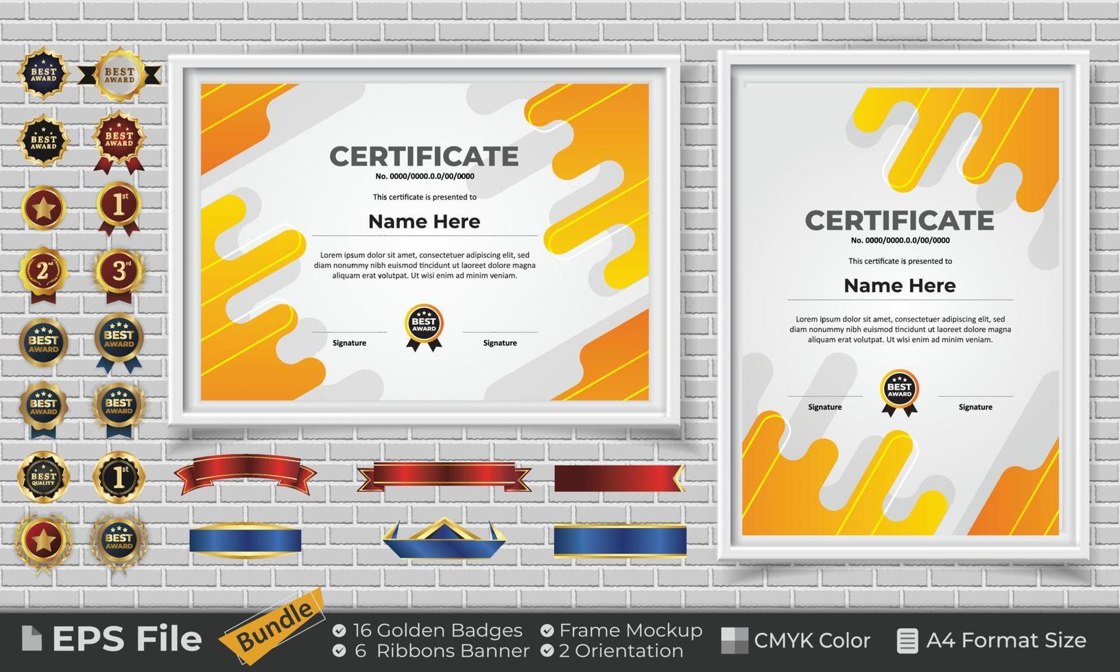 Template Certificate Design Bundle with Ribbons, Golden Badges, and frame mockups for appreciation, award, completion, diploma. CMYK Color A4 Format vector