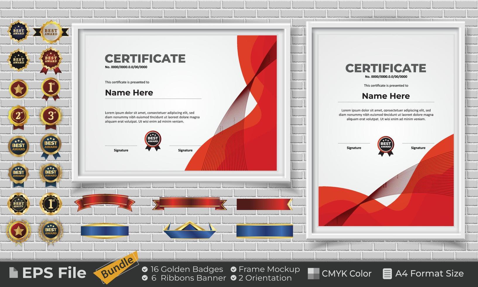 Template Certificate Design Bundle with Ribbons, Golden Badges, and frame mockups for appreciation, award, completion, diploma. CMYK Color A4 Format vector