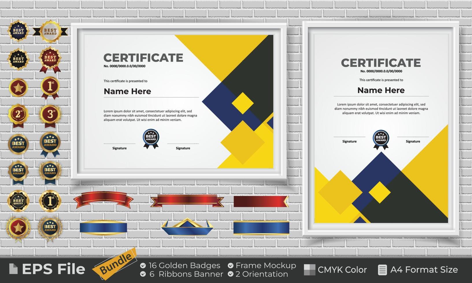 Template Certificate Design Bundle with Ribbons, Golden Badges, and frame mockups for appreciation, award, completion, diploma. CMYK Color A4 Format vector