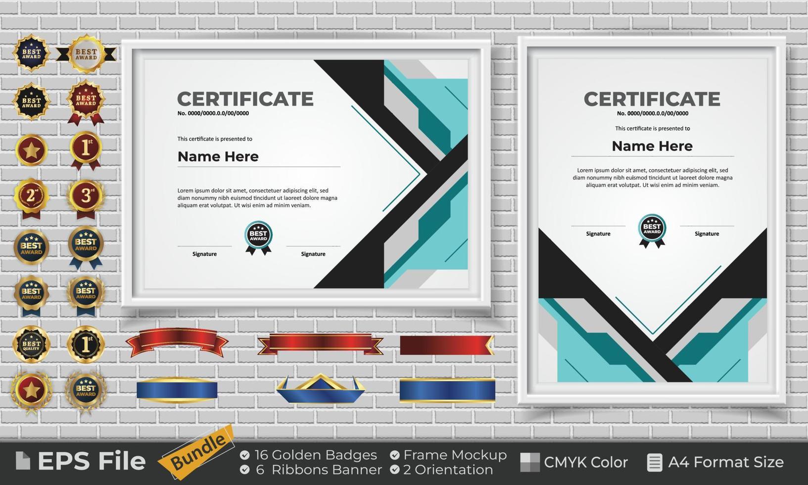 Template Certificate Design Bundle with Ribbons, Golden Badges, and frame mockups for appreciation, award, completion, diploma. CMYK Color A4 Format vector