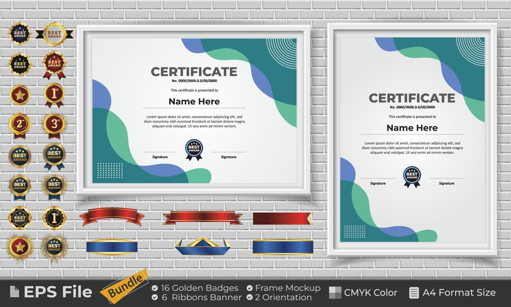 Template Certificate Design Bundle with Ribbons, Golden Badges, and frame mockups for appreciation, award, completion, diploma. CMYK Color A4 Format vector