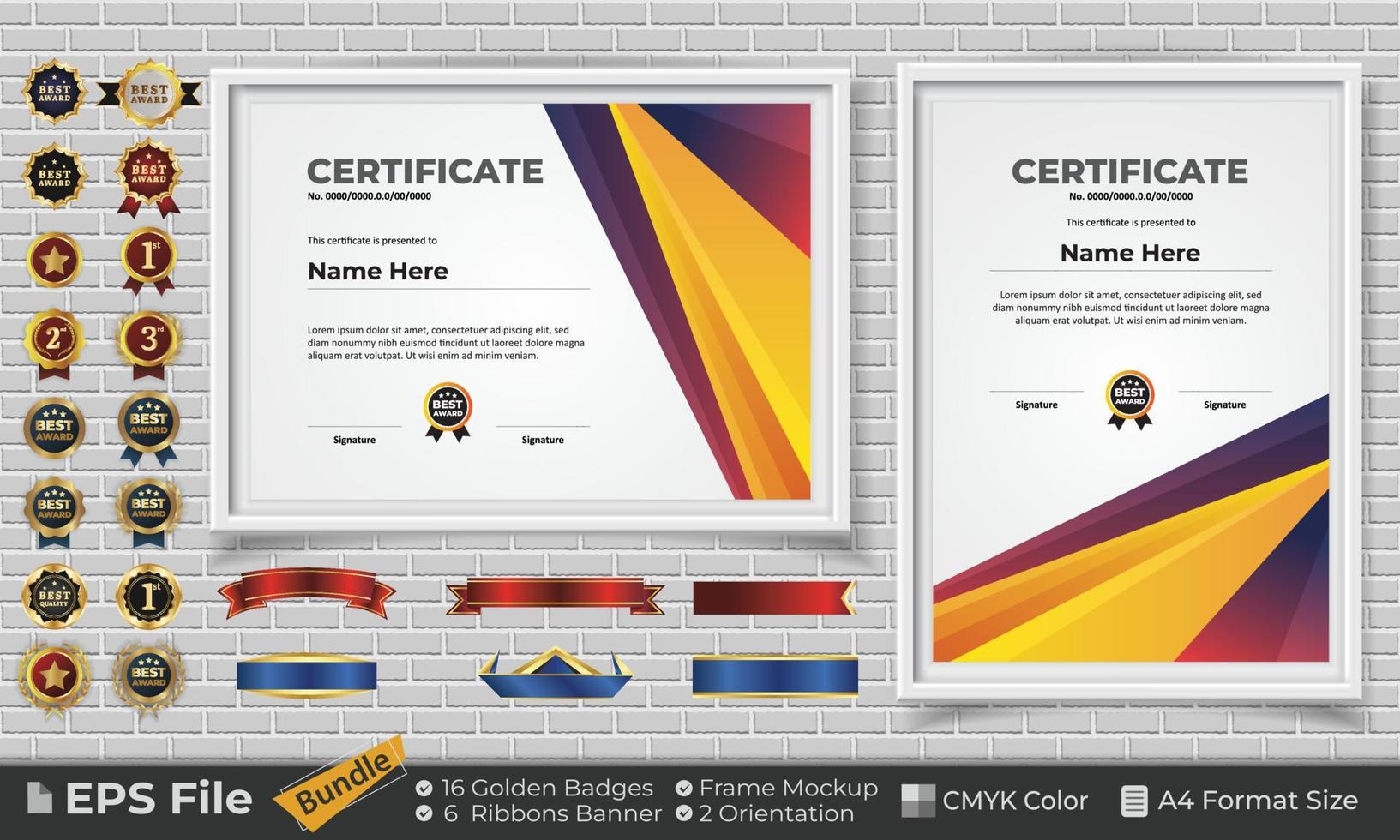 Template Certificate Design Bundle with Ribbons, Golden Badges, and frame mockups for appreciation, award, completion, diploma. CMYK Color A4 Format vector