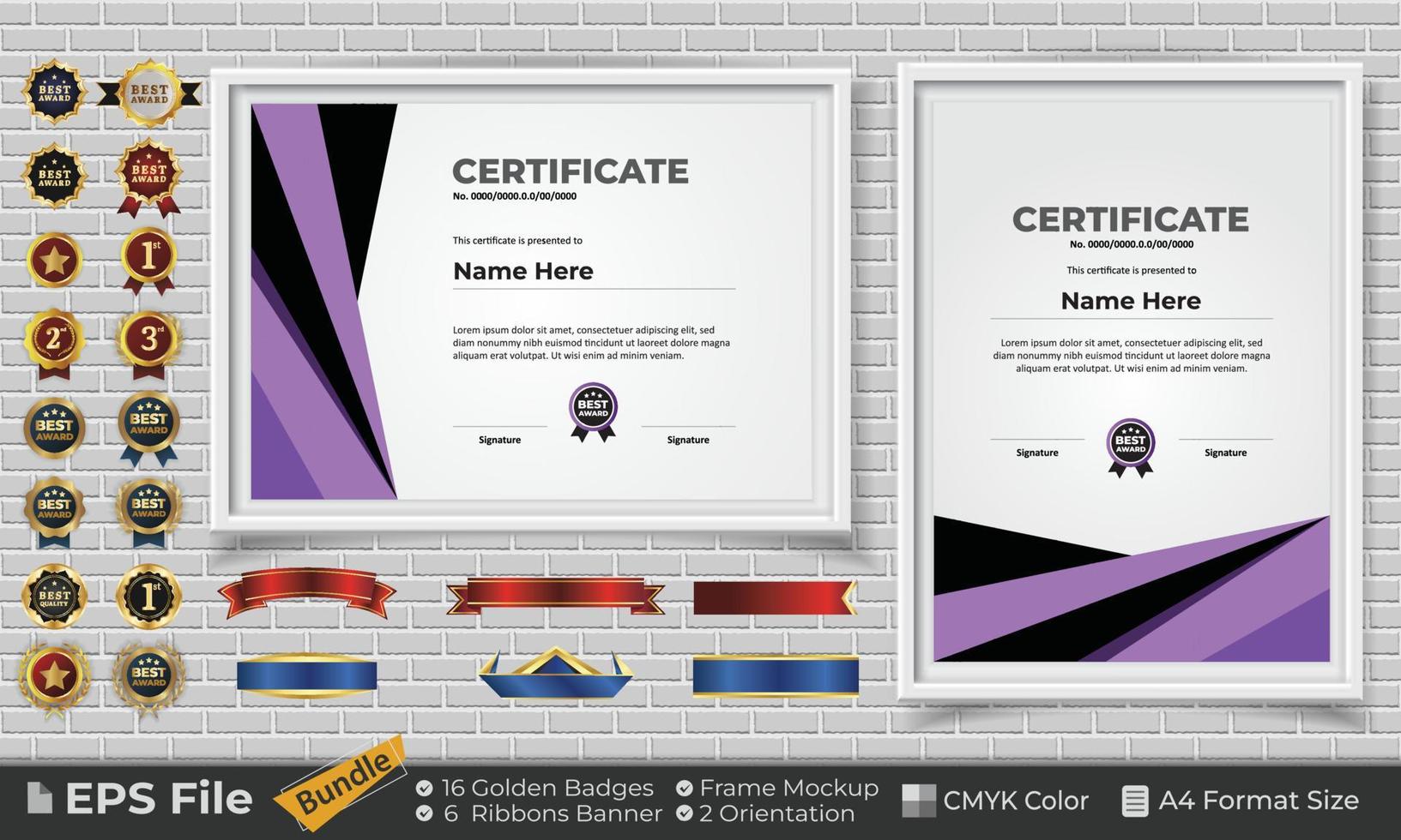 Template Certificate Design Bundle with Ribbons, Golden Badges, and frame mockups for appreciation, award, completion, diploma. CMYK Color A4 Format vector