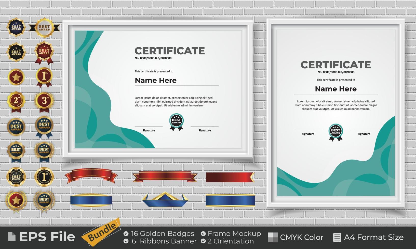 Template Certificate Design Bundle with Ribbons, Golden Badges, and frame mockups for appreciation, award, completion, diploma. CMYK Color A4 Format vector