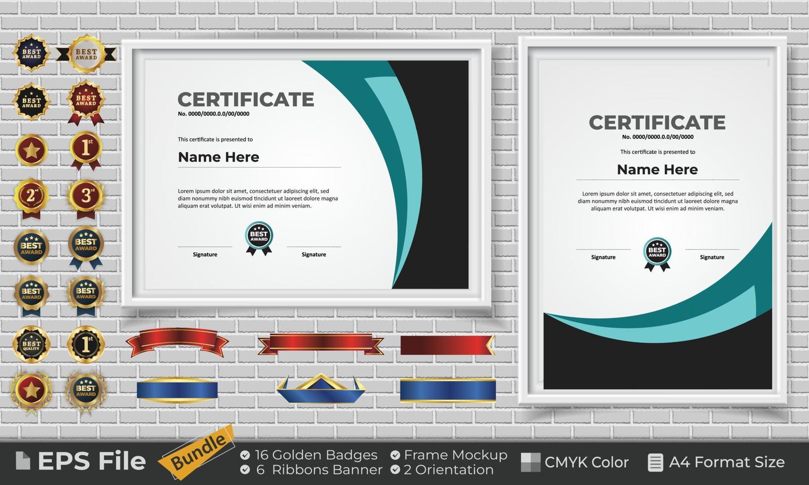 Template Certificate Design Bundle with Ribbons, Golden Badges, and frame mockups for appreciation, award, completion, diploma. CMYK Color A4 Format vector