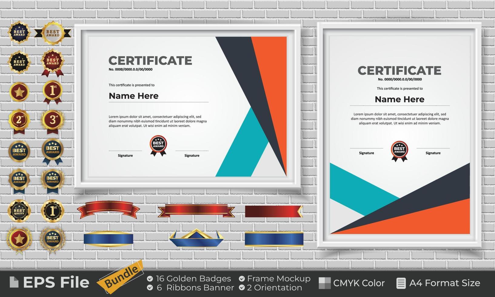 Template Certificate Design Bundle with Ribbons, Golden Badges, and frame mockups for appreciation, award, completion, diploma. CMYK Color A4 Format vector