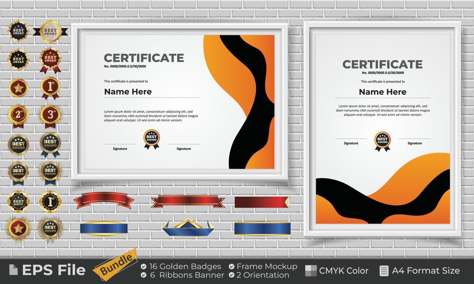 Template Certificate Design Bundle with Ribbons, Golden Badges, and frame mockups for appreciation, award, completion, diploma. CMYK Color A4 Format vector