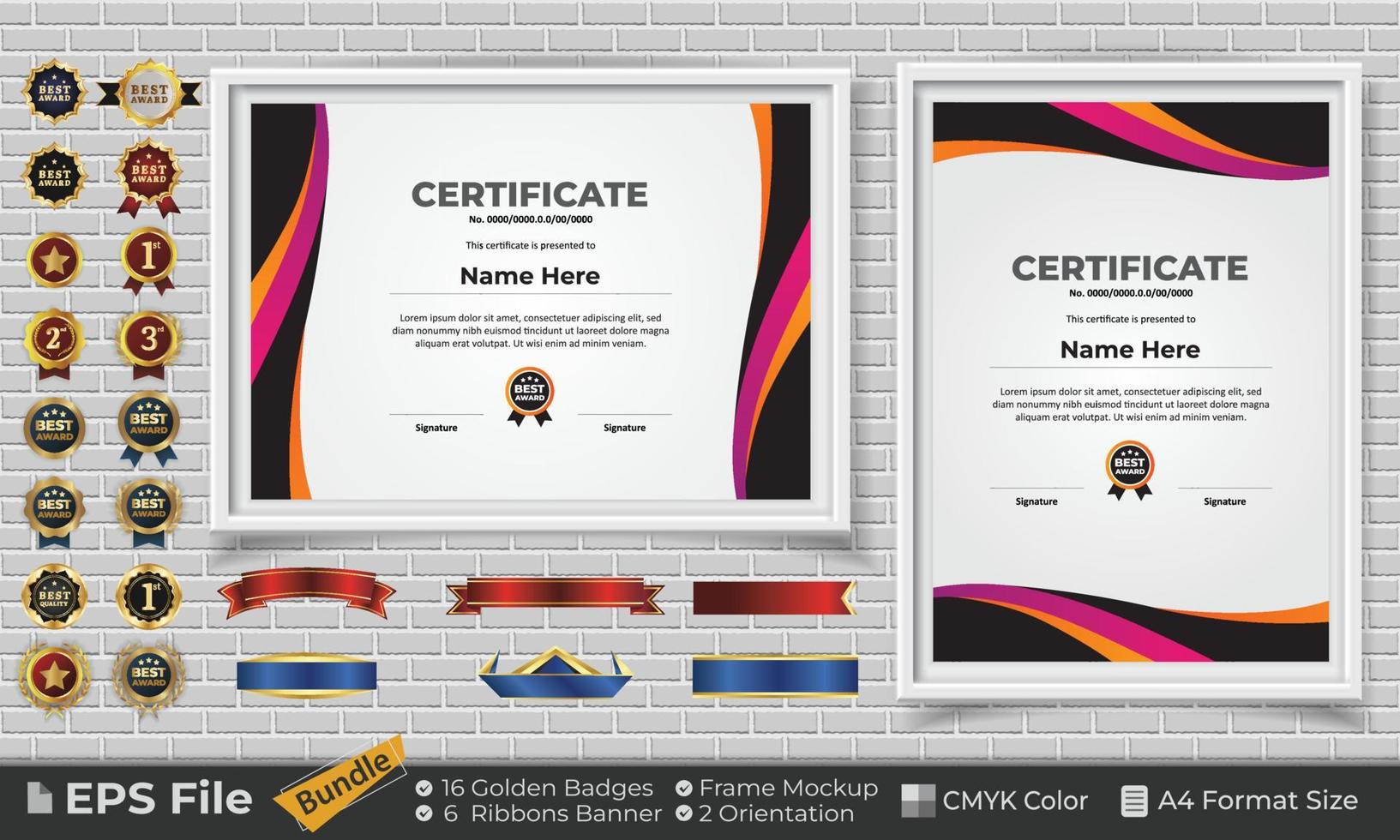 Template Certificate Design Bundle with Ribbons, Golden Badges, and frame mockups for appreciation, award, completion, diploma. CMYK Color A4 Format vector