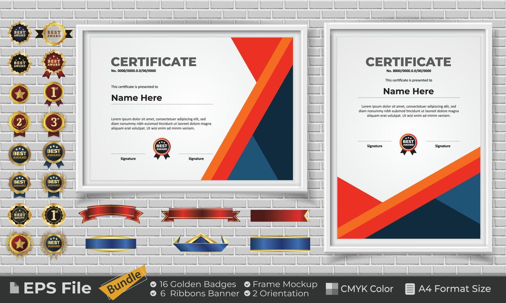 Template Certificate Design Bundle with Ribbons, Golden Badges, and frame mockups for appreciation, award, completion, diploma. CMYK Color A4 Format vector