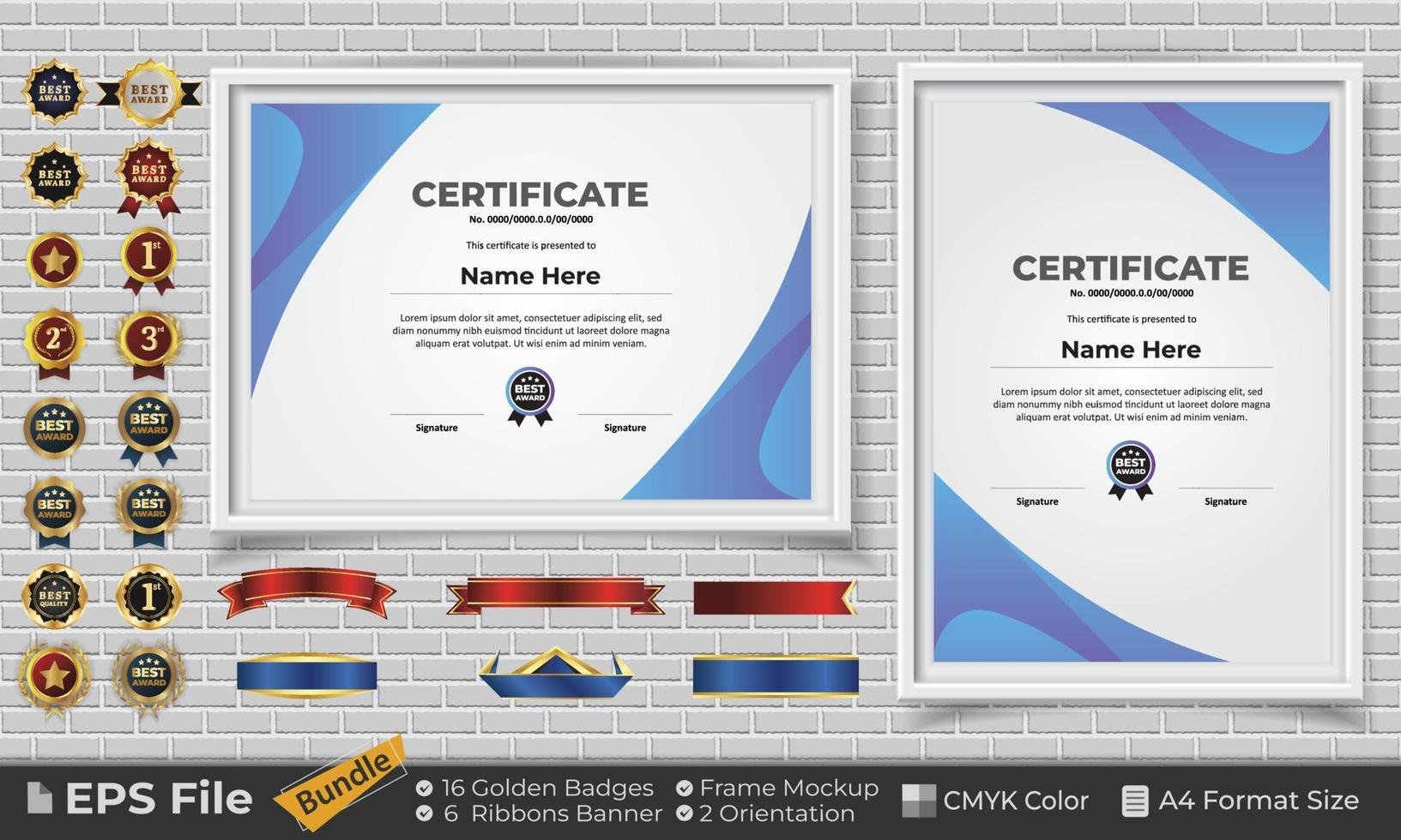 Template Certificate Design Bundle with Ribbons, Golden Badges, and frame mockups for appreciation, award, completion, diploma. CMYK Color A4 Format vector