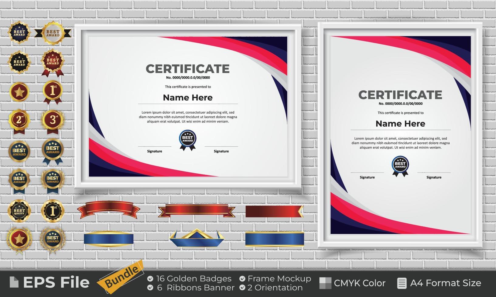 Template Certificate Design Bundle with Ribbons, Golden Badges, and frame mockups for appreciation, award, completion, diploma. CMYK Color A4 Format vector