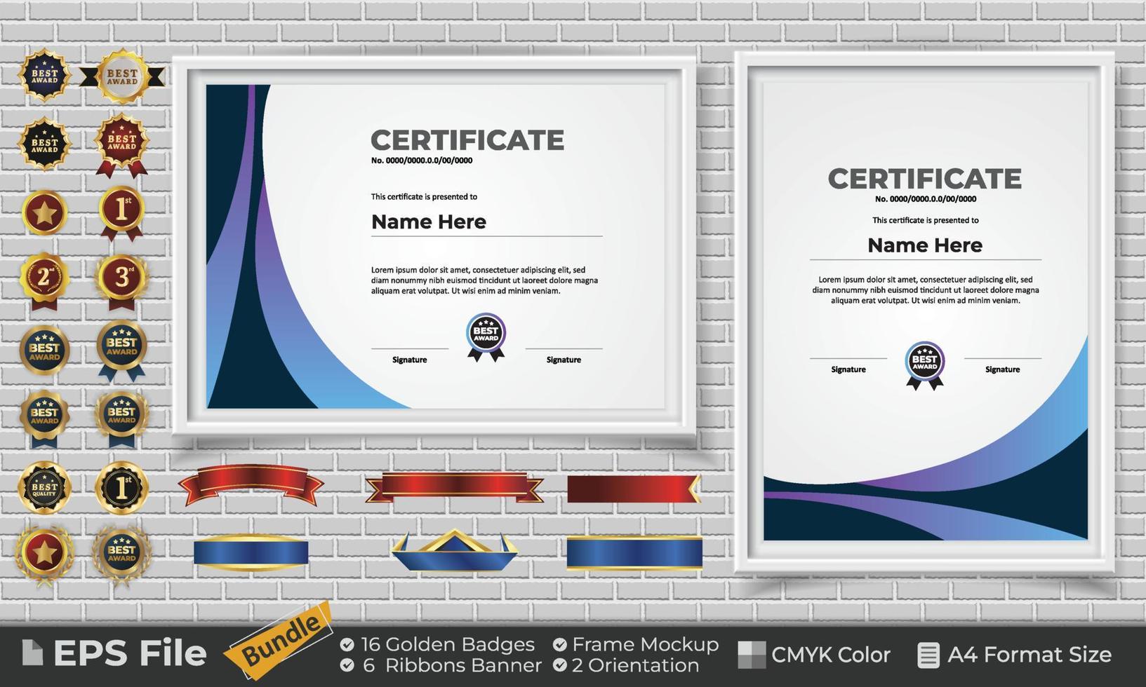 Template Certificate Design Bundle with Ribbons, Golden Badges, and frame mockups for appreciation, award, completion, diploma. CMYK Color A4 Format vector