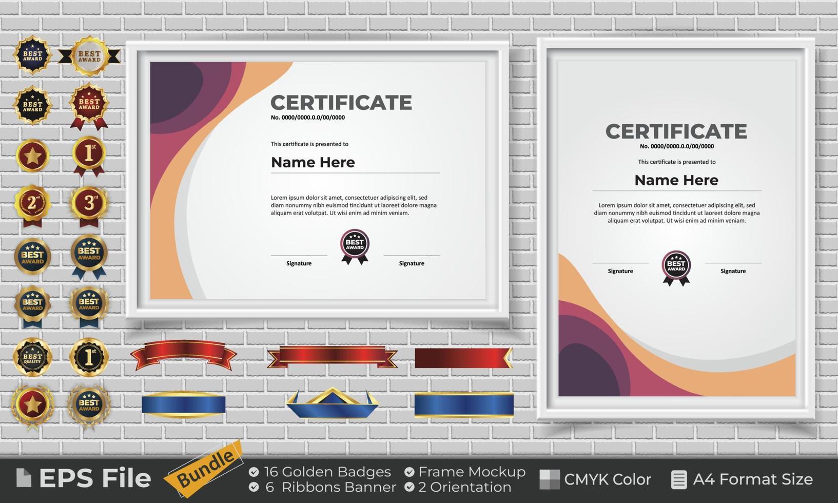 Template Certificate Design Bundle with Ribbons, Golden Badges, and frame mockups for appreciation, award, completion, diploma. CMYK Color A4 Format vector