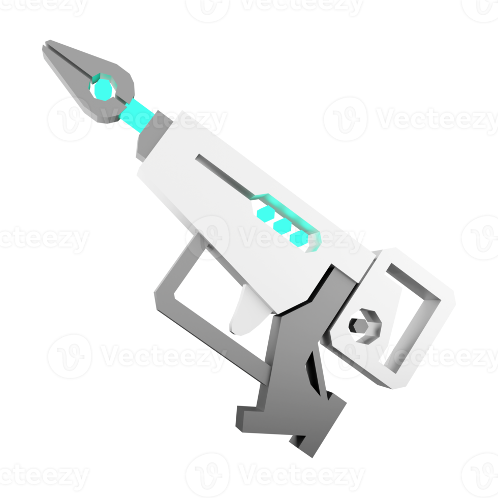 3d rendering space blaster, laser gun, futuristic alien weapon low poly icon. 3d render cartoon future arm, lazer and plasma gun icon. png
