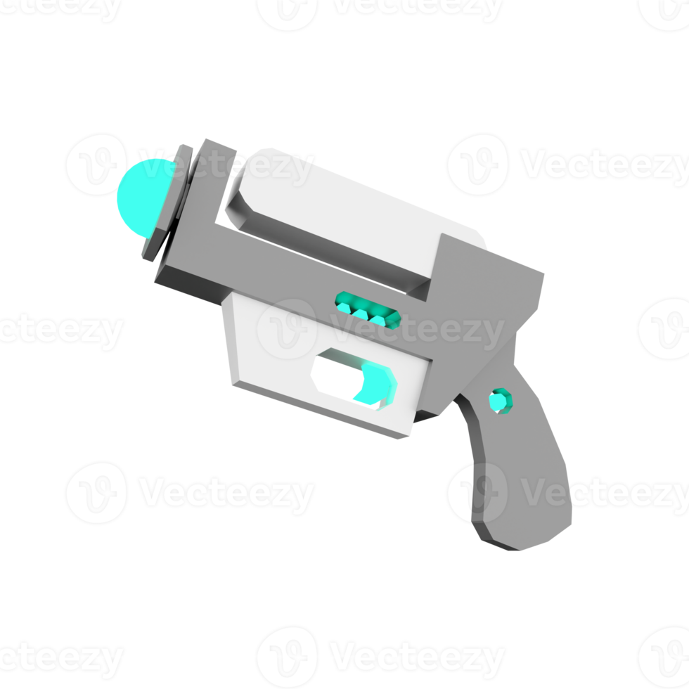 3d tolkning tecknad serie retro Plats blaster ikon. 3d framställa laser vapen låg poly, framtid vapen ikon. png