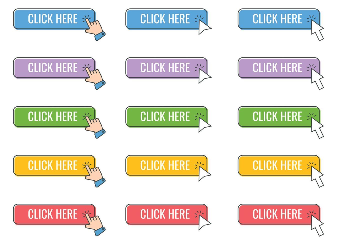 Click cursor icon with click here button vector set. Action button with mouse click