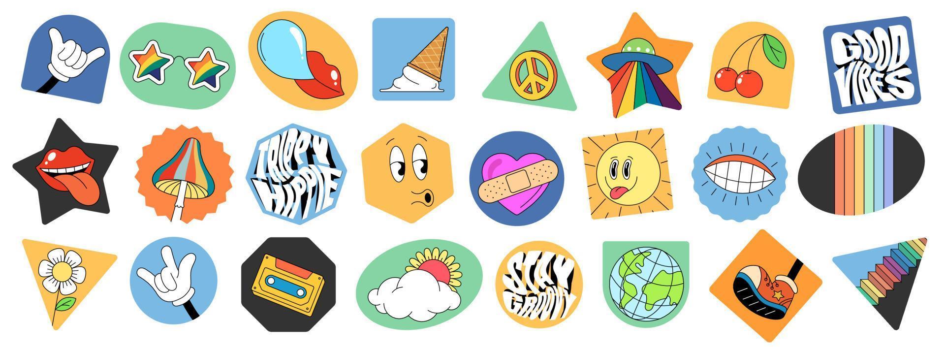 Retro groovy elements sticker pack. Funny psychedelic hippie cartoon label collection. Vintage hippy crazy various badge set. Abstract 60s, 70s trendy y2k pop culture style design. Isolated eps vector