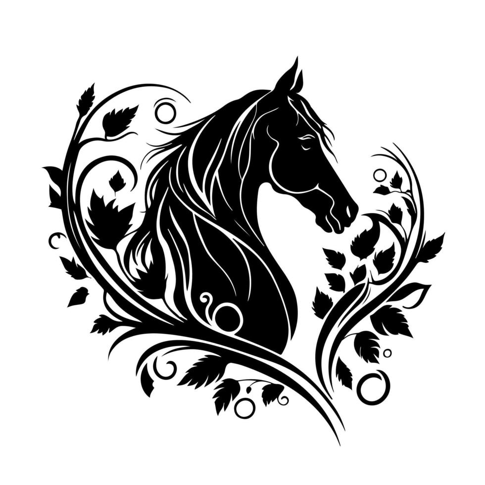 Majestic horse in a floral frame. Black and white vector illustration perfect for equestrian, nature, and countryside-related designs.