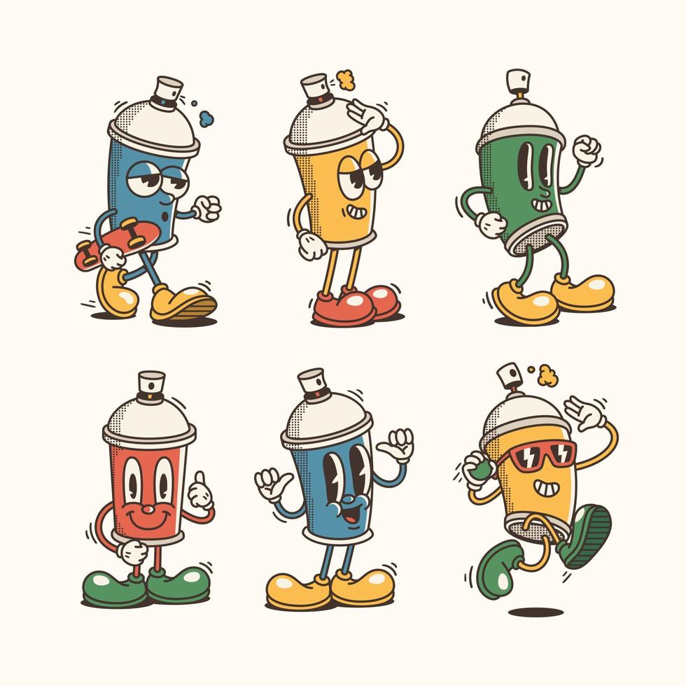 Set of Trendy spray paint cans Characters, Vintage character vector art collection