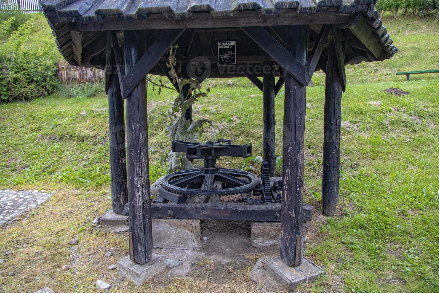 antique metal farm machinery in an open-air museum photo