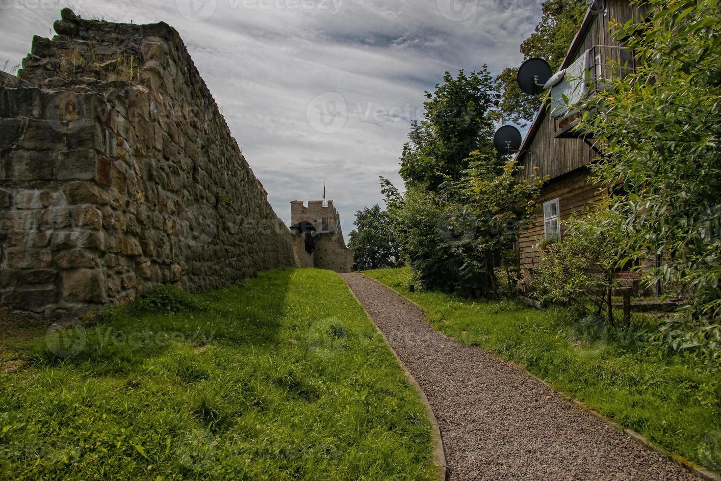 histórico defensivo pared de un Roca castillo en Polonia en dobczyce en un verano día con vista a el lago foto