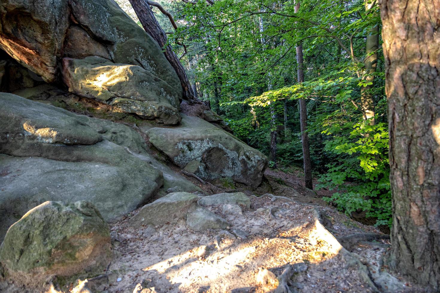 devil stone in a forest in the mountains of Pogorzyce in Poland on a summer day photo