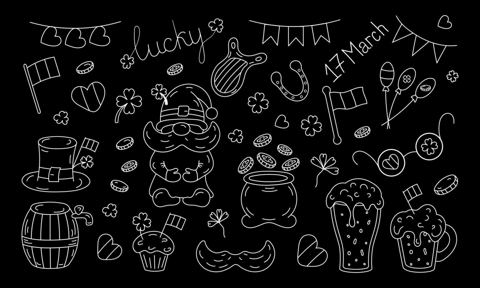 St Patrick line vector set. White on black. Pot of gold, clover, flag, beer, balloon, mustache, coin