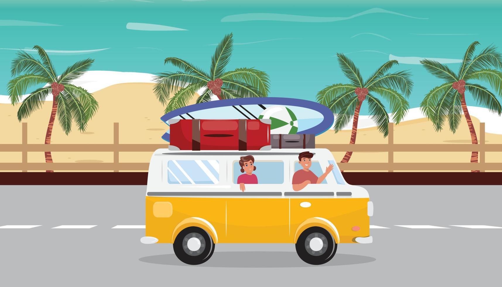 Illustration of a young woman and man driving in a yellow camper on the road next to the beach. vector