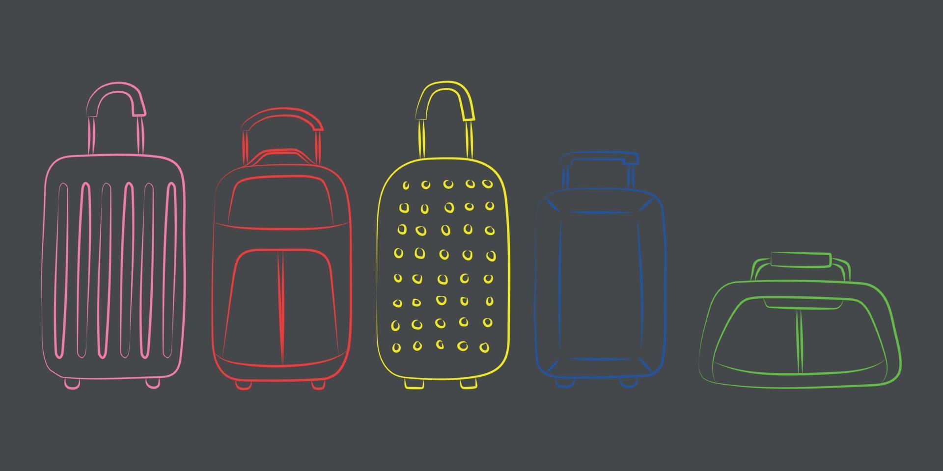 set of suitcases in doodle style on a dark background vector