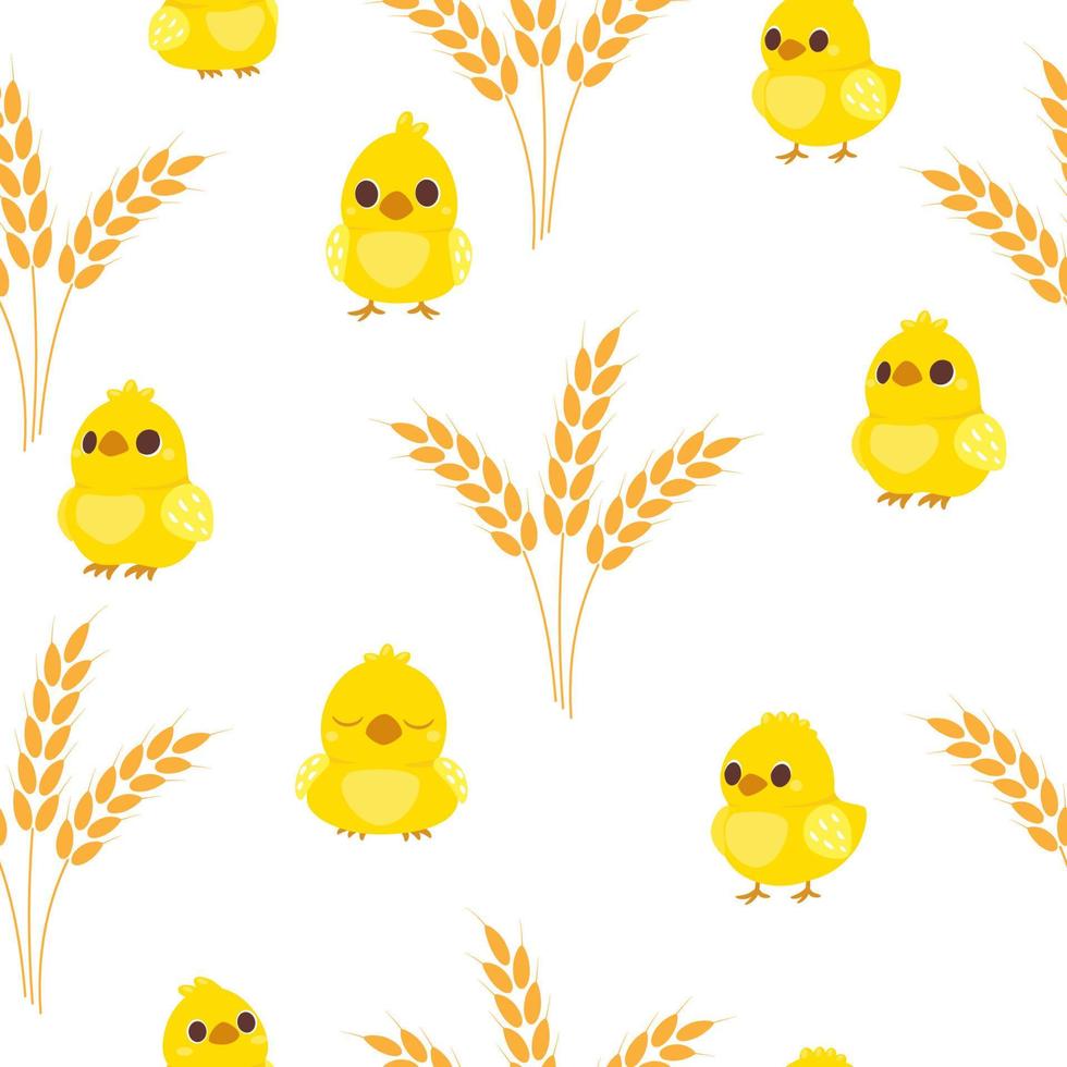 Vector seamless pattern cute chickens with wheat ear on white background. Illustration for children used for magazine, book, poster, card, web pages.