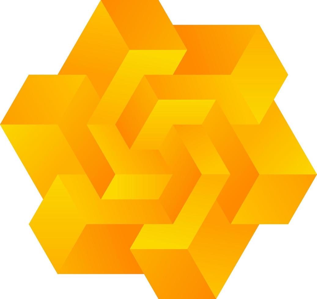 3d optical illusion of impossible shape. 3d shape of blocks. Vector illustration of orange connect block. 3d illusion of geometric for logo, design or art. Perspective illusion shape illustration