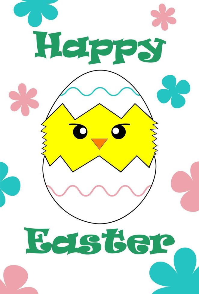 Happy Easter greeting card, template, poster with typography, chicken, egg, flowers in pastel colors. Vector illustration