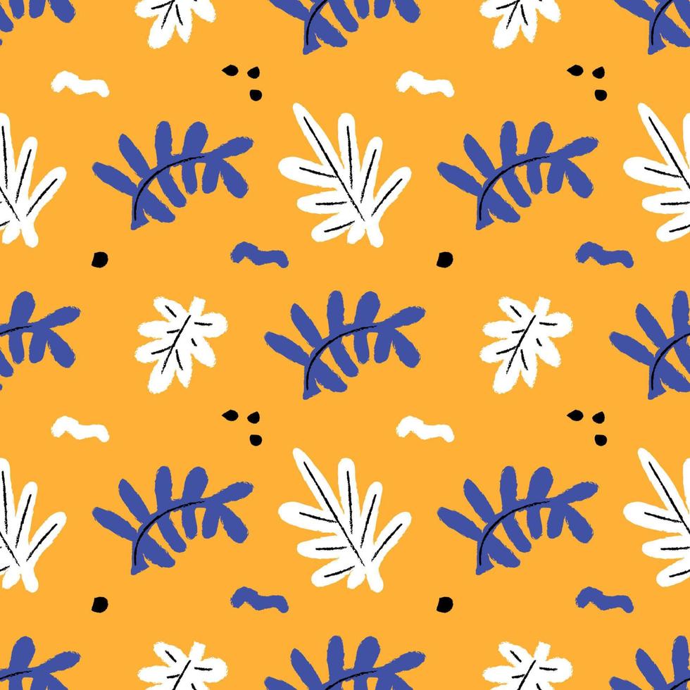 Seamless floral wallpaper in yellow and blue palette. Repeated pattern with abstract leaves. Vector illustration
