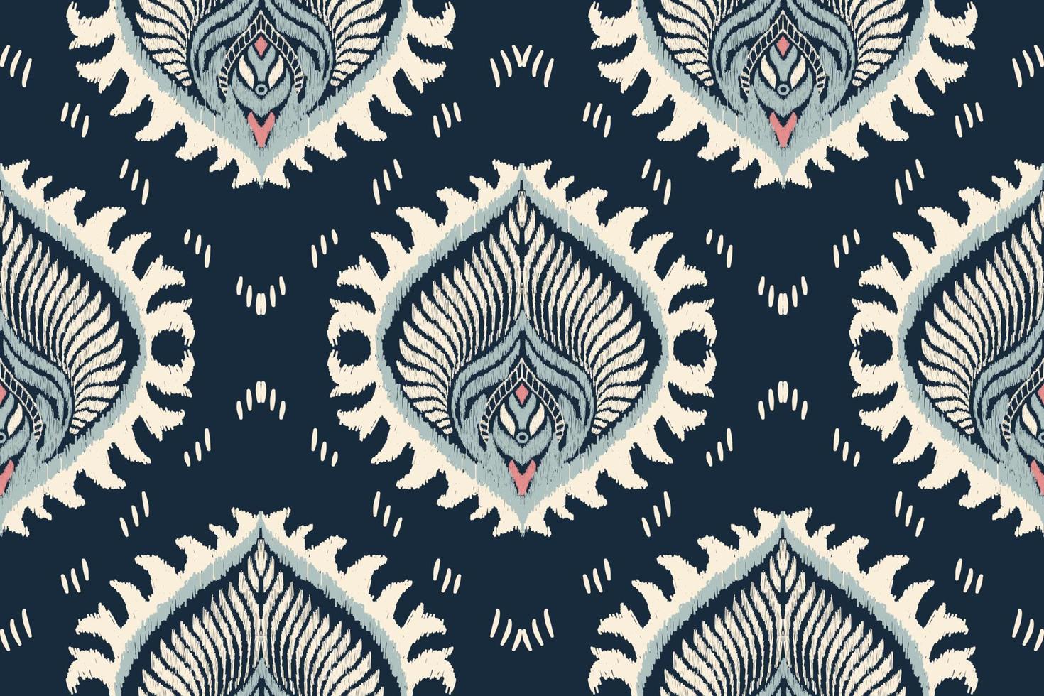 Damask Ikat floral paisley embroidery on navy blue background.Ikat Ethnic oriental pattern traditional.Aztec style abstract vector illustration.design for texture,fabric,clothing,wrapping,scarf,carpet