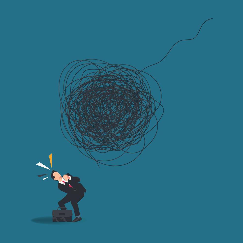 Startled businessman looking at big scribble roll. Businessman with many problems vector illustration