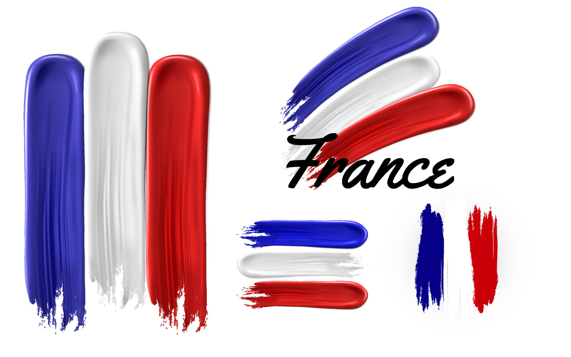 Set of France flags made from brush stroke or finger stroke. Realistic