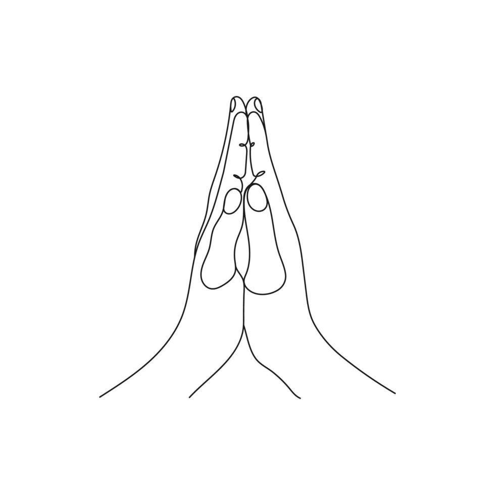 Hand gesture. Praying, gratitude position. One line art. Hand drawn vector illustration.