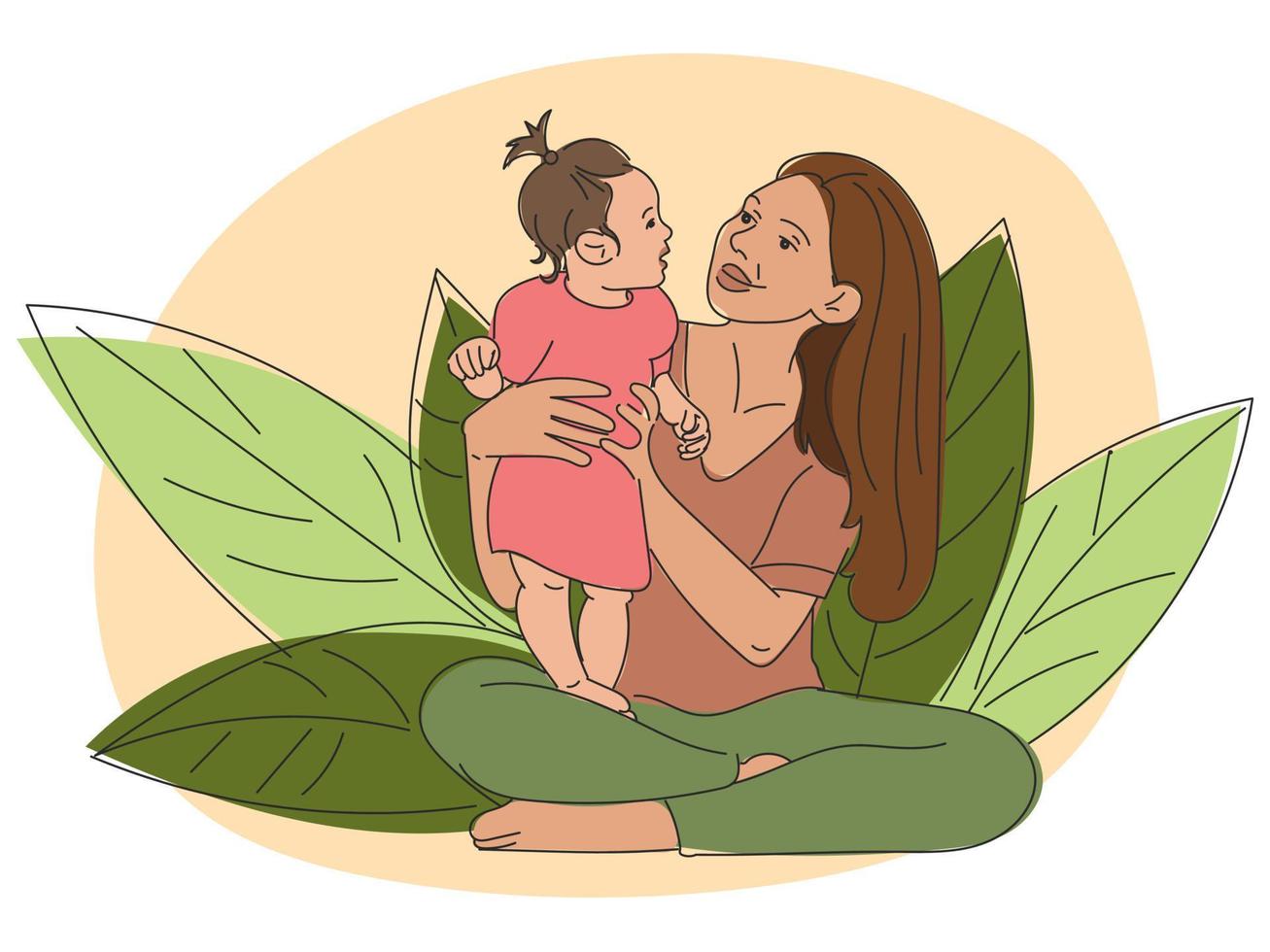 mamá es jugando con un niña en contra un antecedentes de grande verde hojas. mamá sostiene el pequeño niña mientras el bebé dice su mamá algo. linda ilustración para de la madre día vector