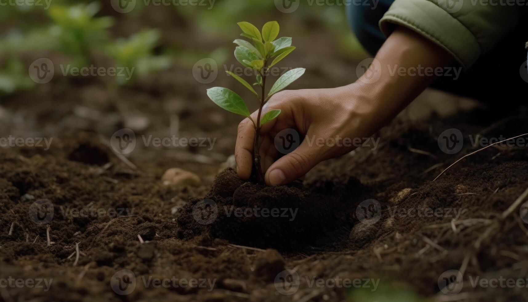A person planting trees or flowers, contributing to the global effort to reforest and restore natural habitats. photo
