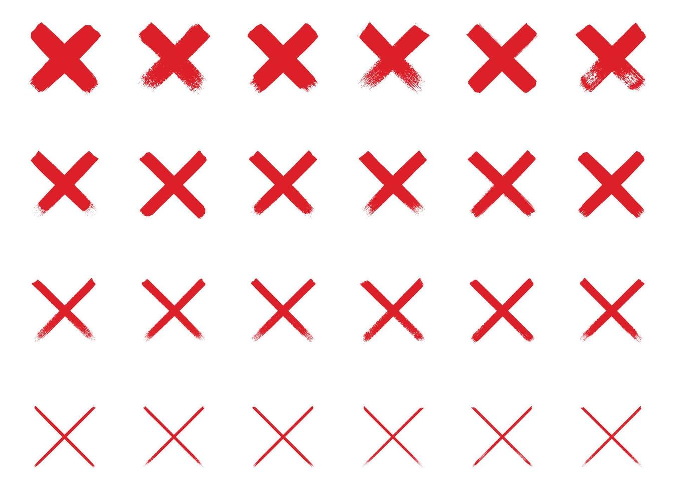 Hand painted rejected signs. Grunge style red wrong mark. Cross mark vector illustration
