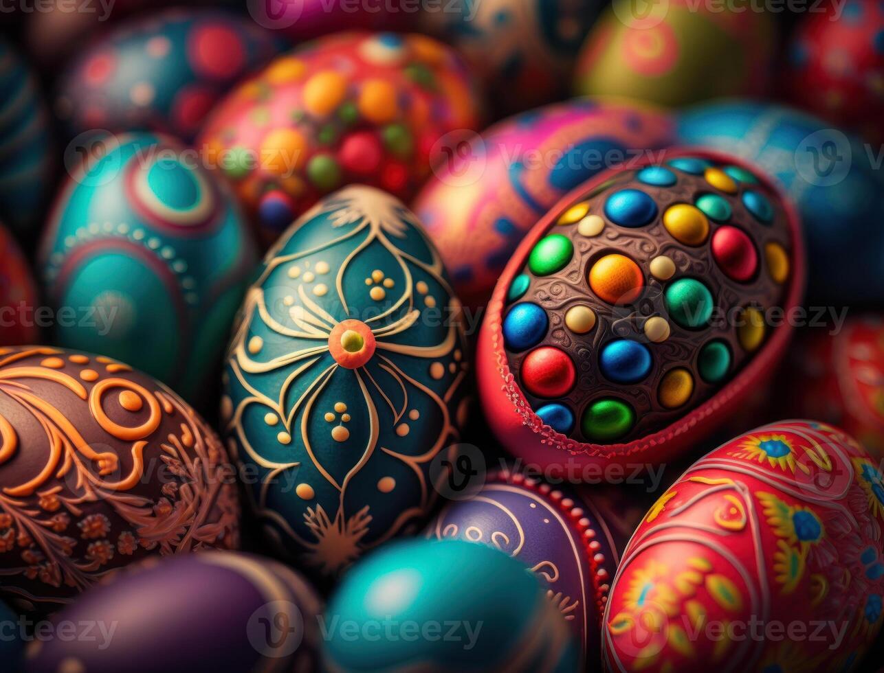 Happy Easter background concept with colorful easter eggs flat lay created with technology photo