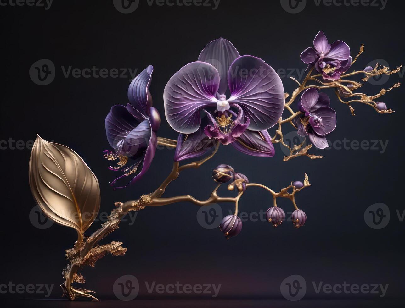 Beautiful amethyst crystal orchid flower with a branch on a dark background created with technology photo