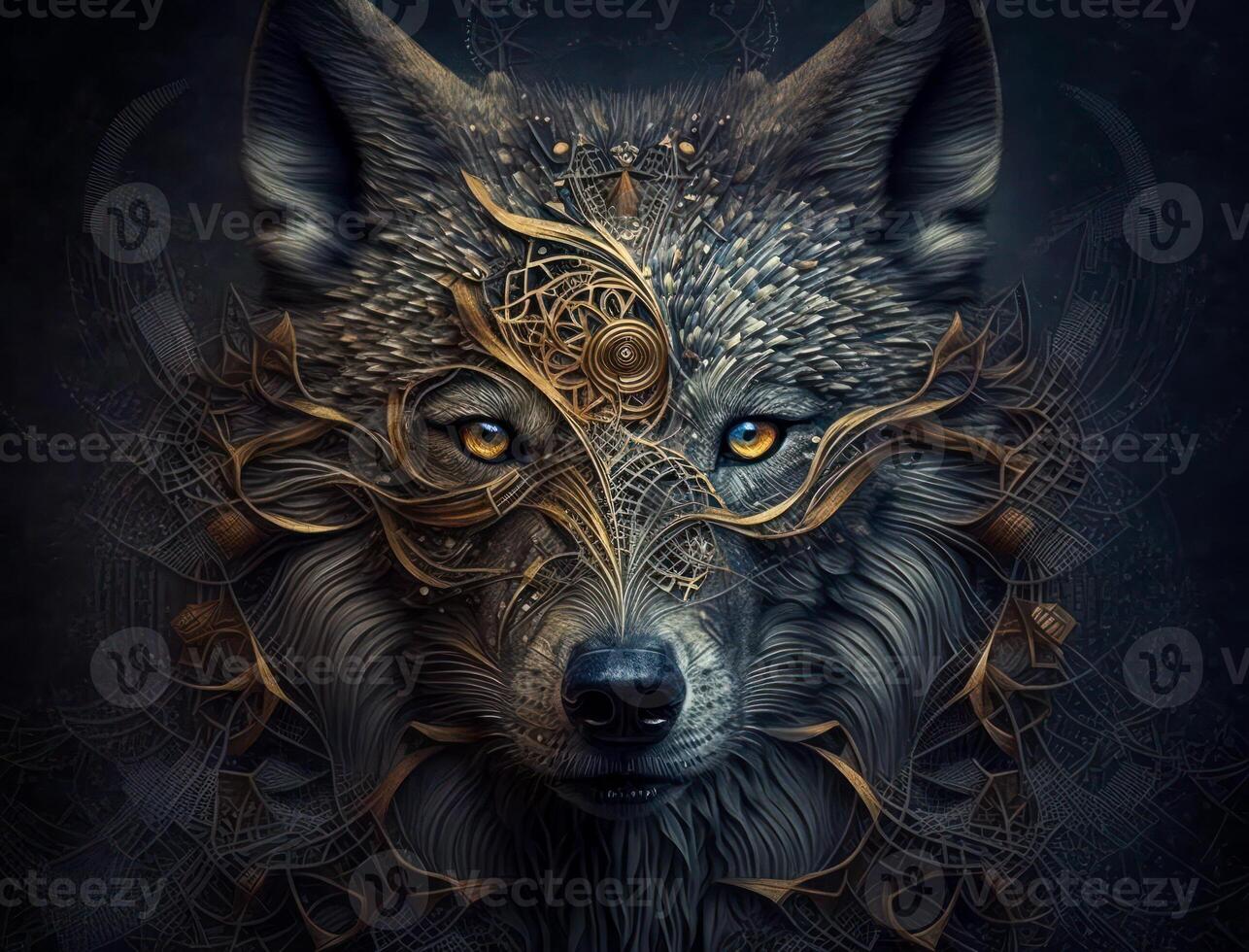 Colorful Close-up portrait of wolf with oriental ornament elements background technology photo