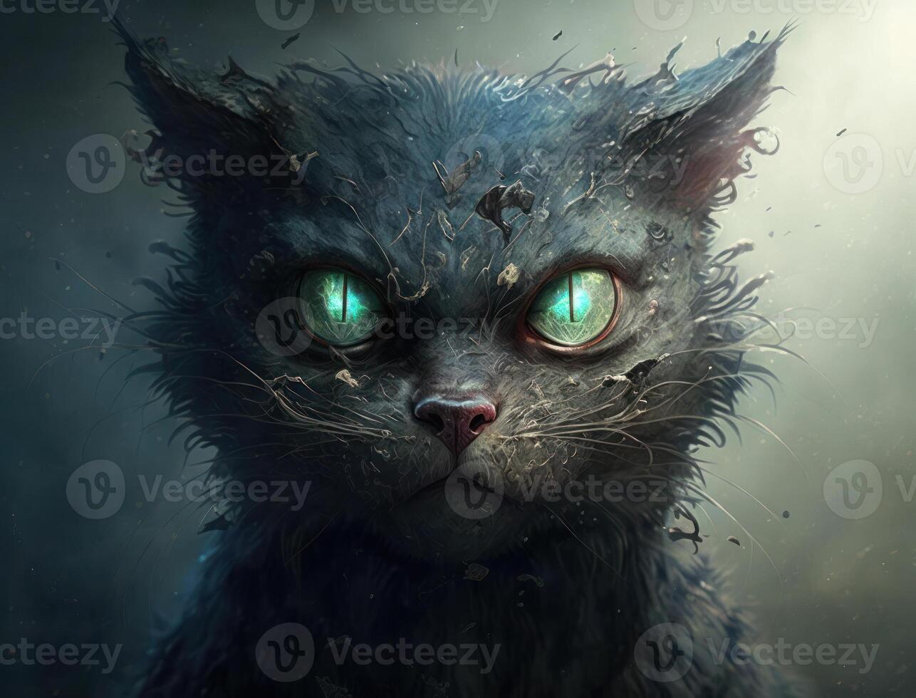 Close-up portrait of evil monster cat Halloween background technology photo