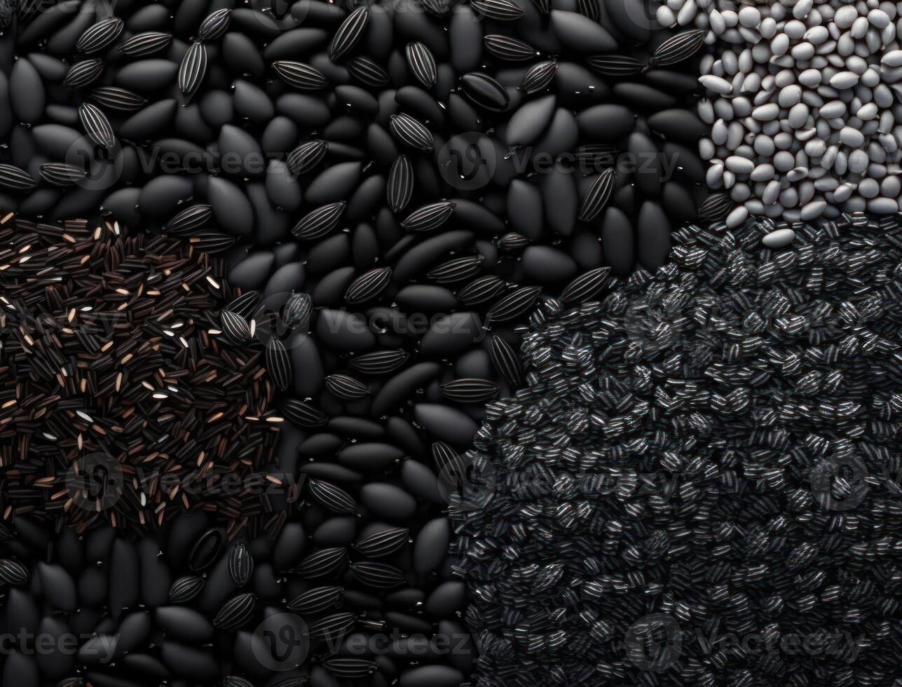 Abstract black geometric background Various rice seed shapes Flat lay created with technology photo