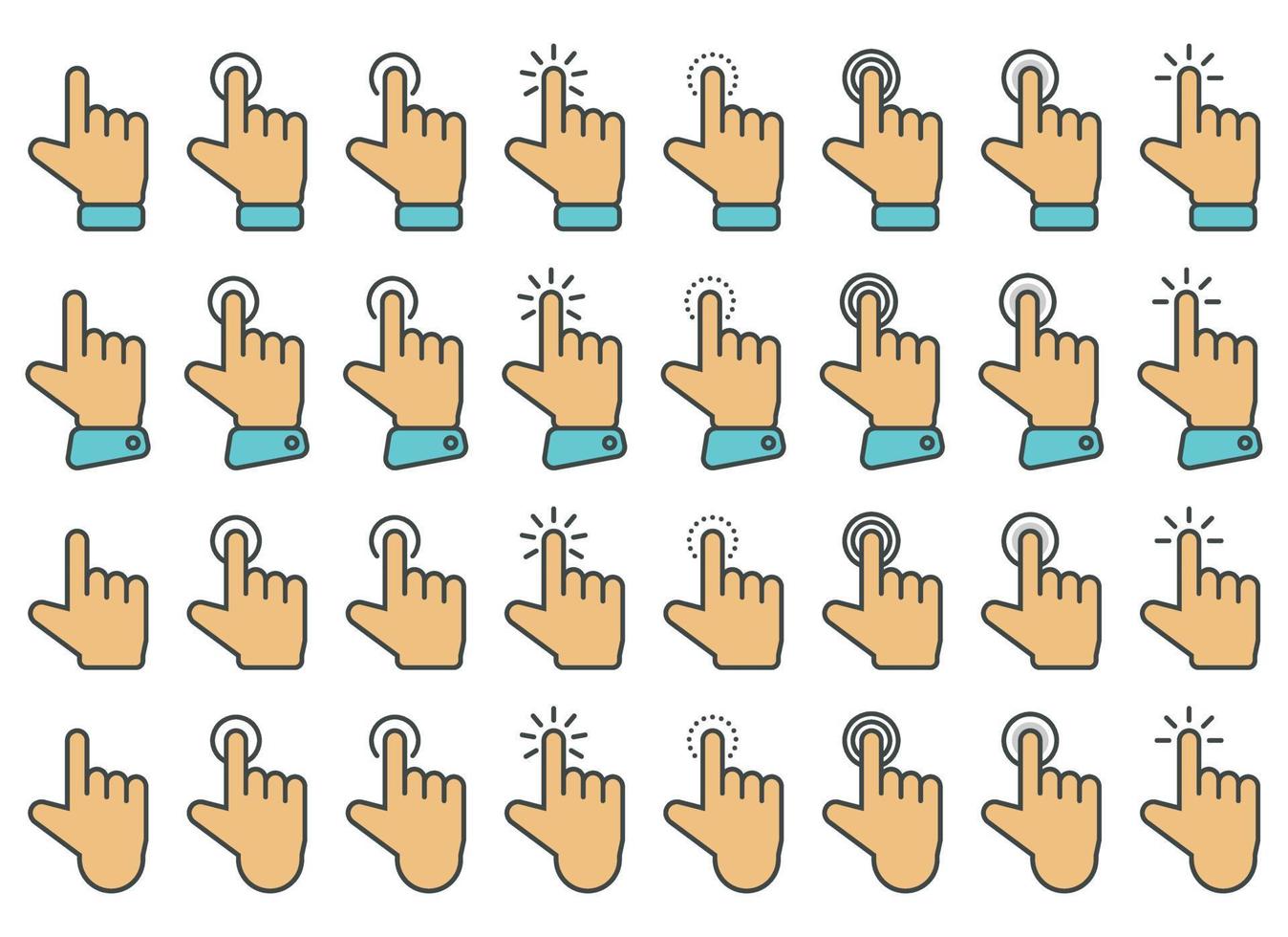 Hand cursor icon in different gestures. Finger mouse cursor. Clicking cursor vector illustration