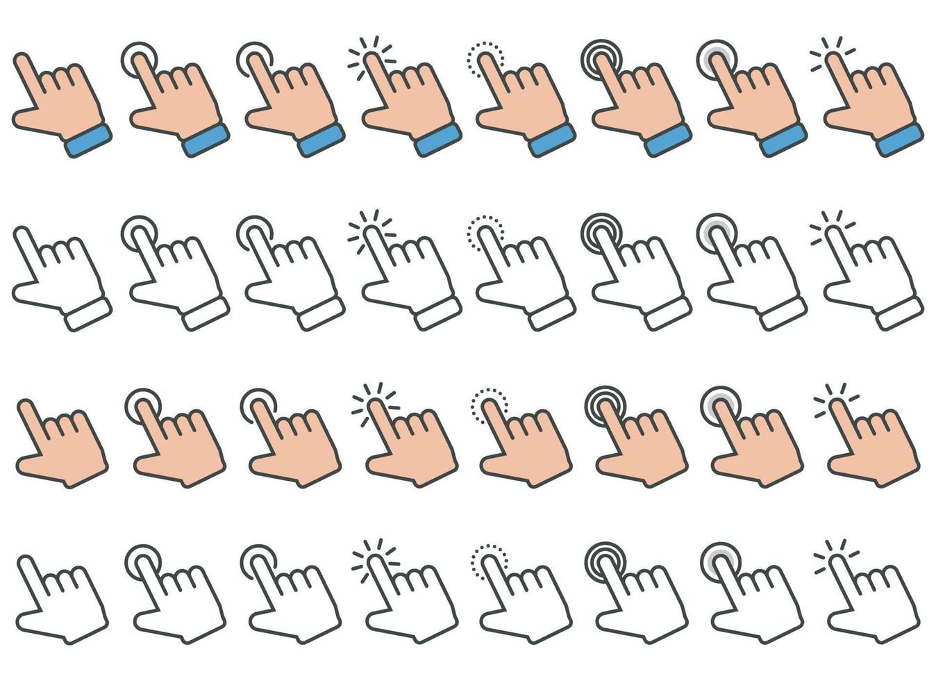 Hand cursor icon in different gestures. Finger mouse cursor. Clicking cursor vector illustration